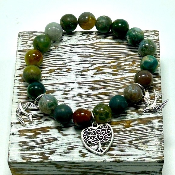 Handmade Tree-Heart & Bird Charm Bracelet, Featuring Natural Indian Agate! - Picture 4 of 10